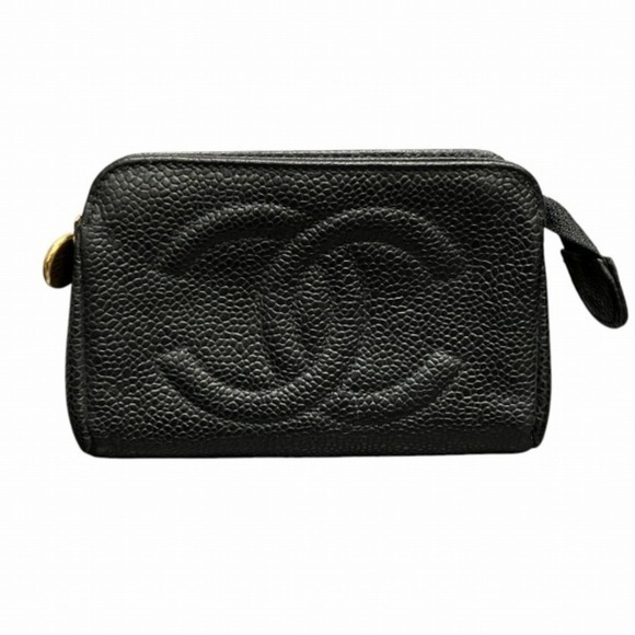 CHANEL Black Caviar Leather Logo Pouch